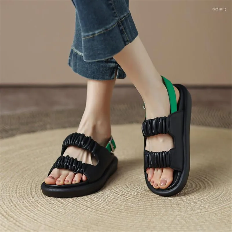 Sandaler pxelena sommar blandade f￤rger avslappnad komfort platt med ￤kta l￤der veckade dating dagliga skor kvinnor retro elegant