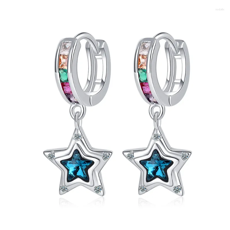 Hoop Earrings Fashion Silver Blue Pentagram Ear Buckle Earring Half Hole Colored Zirconia Luxury Jewelry For Women