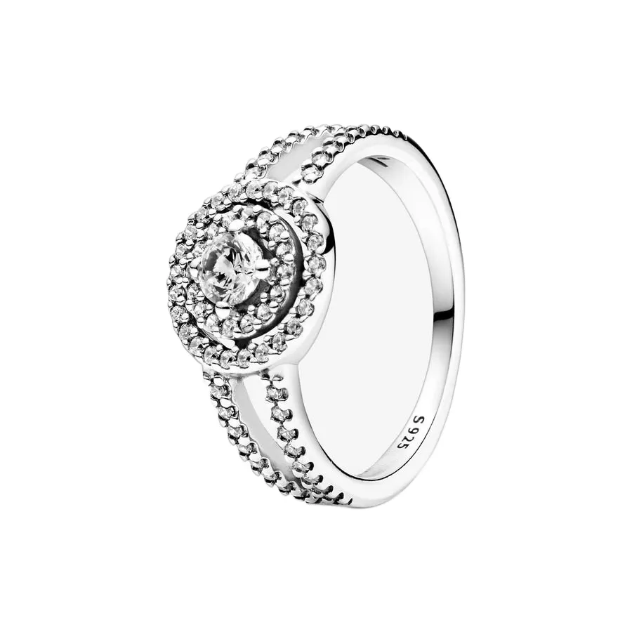 Bague double halo scintillante en argent sterling authentique avec boîte d'origine pour bijoux de mariage de mode Pandora pour femmes filles CZ diamant cadeaux de fiançailles ensemble de bagues