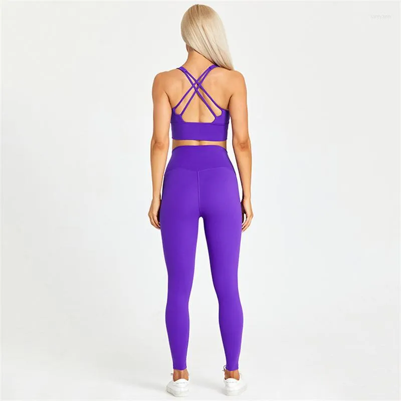 Active Sets Solid Color Gym Yoga Set Compression Leggings Sports Cross Fitness Bra Top 2pcs Suit Comprehensive Training Jog Women Sportwear