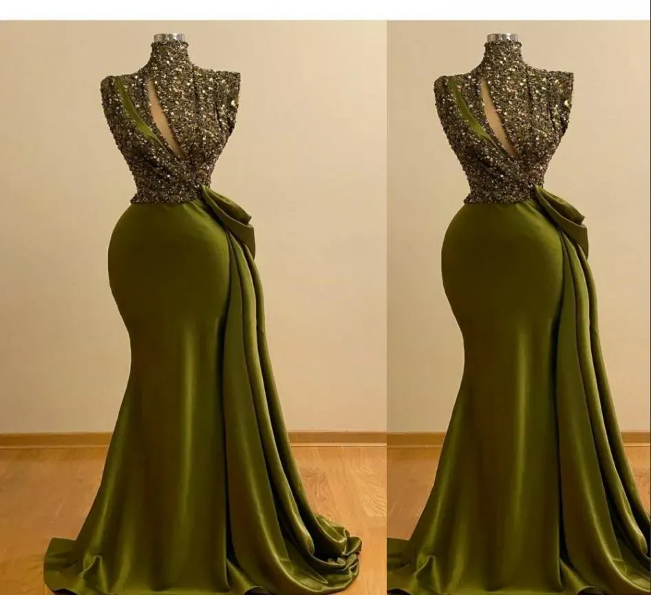 2023 Olive Green Mermaid Evening Dresses Sequins Sleeveless Designer High Neck Sweep Train Custom Made Formal Occasion Wear Arabic Prom Gown vestidos