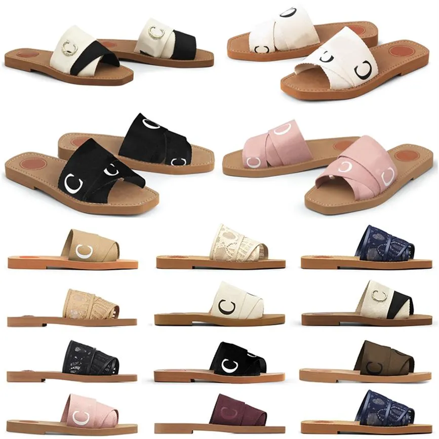 Män kvinnor glider sandaler designer tofflor woody platt mule i duk vit svart grå grön mjuk rosa segel marinblå mens sommar s210o