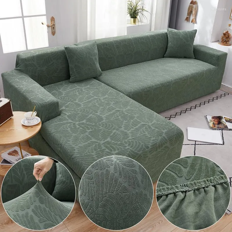 Stolskydd Jacquard Plush Fabric Green Sofa Cover för vardagsrum med fast färg All-Inclusive Modern Elastic Corner Couch Slipcover 45010