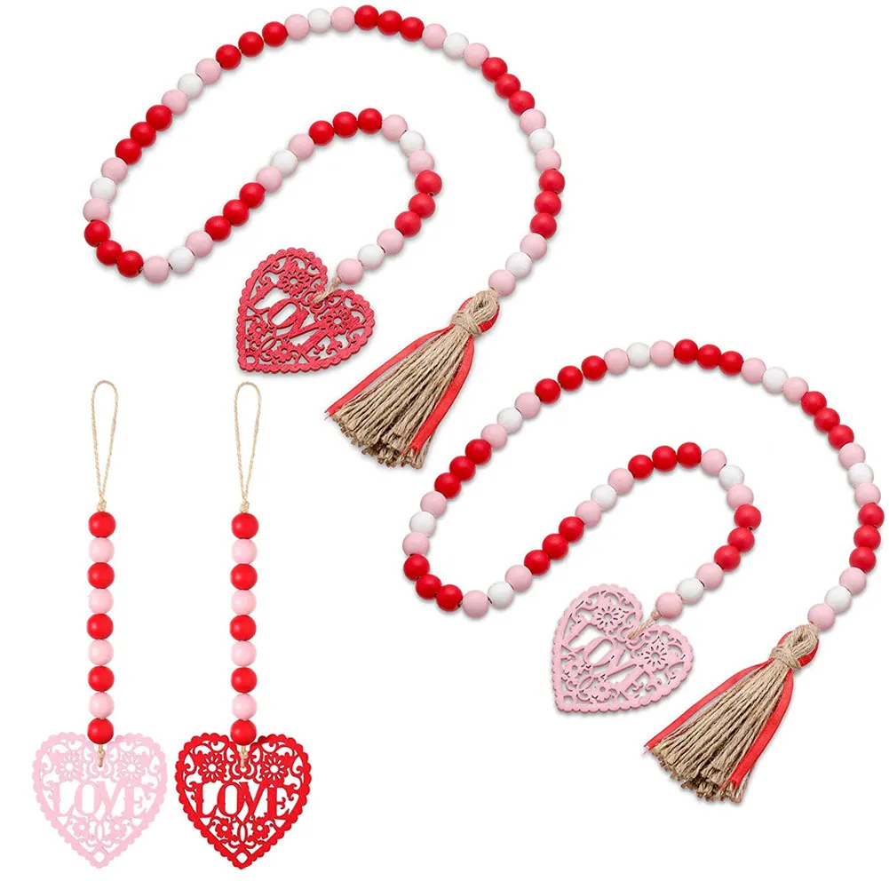 Diy Wood Home Decoration Heart Beaded Handmade Garland med Rustic Tassel Garlands för Rattan Macrame Wall Hanging Boho Gift