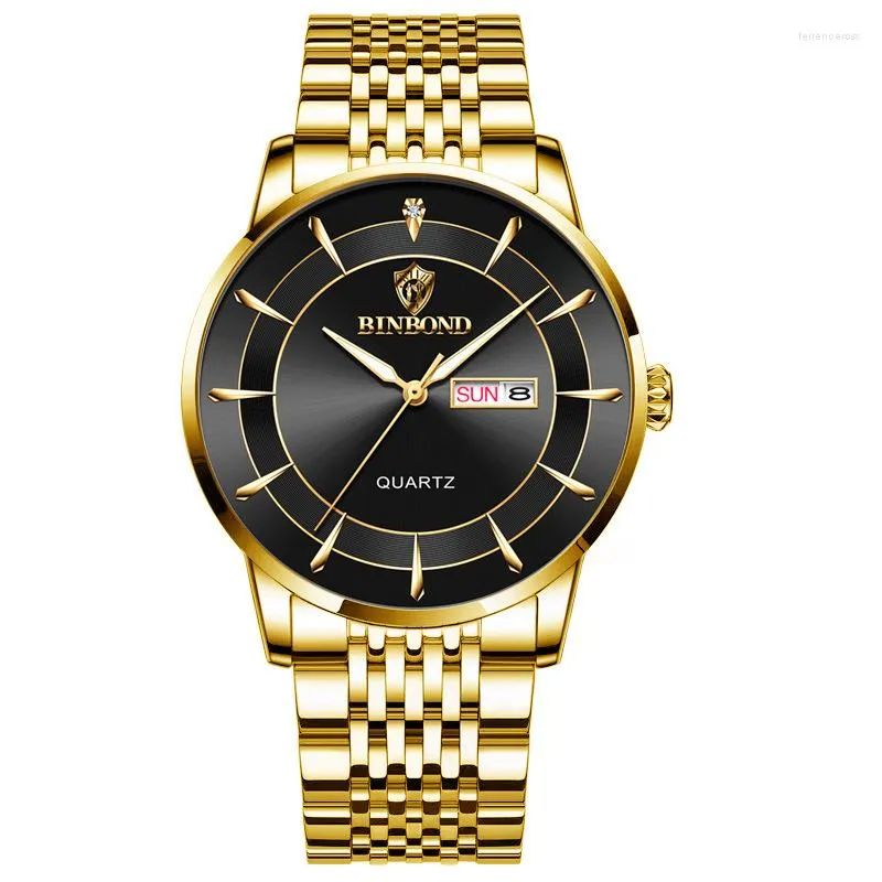 Montres-bracelets Top Gold Quartz Montre Hommes Bracelet en acier inoxydable Mains lumineuses Montres étanches Semaine Calendrier Business