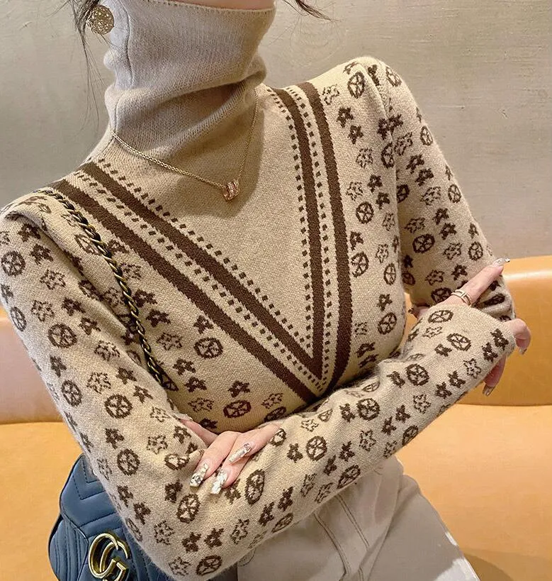 Retro Kadın Sweaters Sonbahar Kış İnce Uygun Yer Altyolu Örgü Yüksek Yaka Tasarımcı Kazak Kazak Örgü Ceket Kadın Giysileri