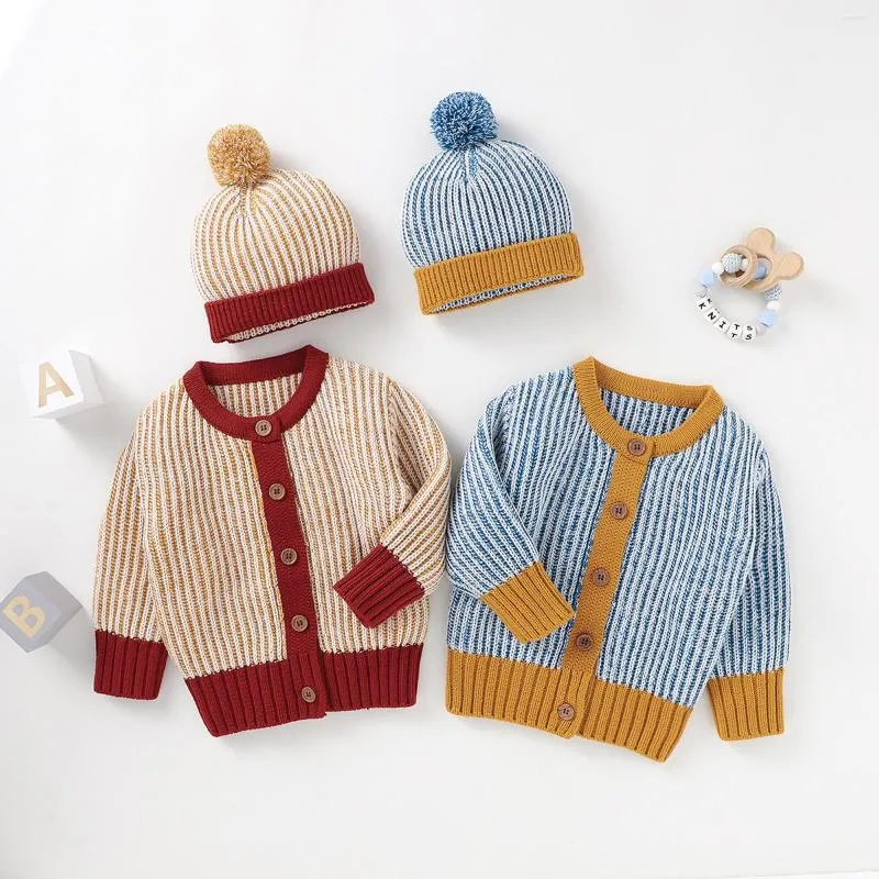 Jackets 2Pcs Baby Sweater Coats 2022 Autumn Winter Boys Girls Clothes Long Sleeve Single-breasted Knitted Outwear Plush Ball Caps