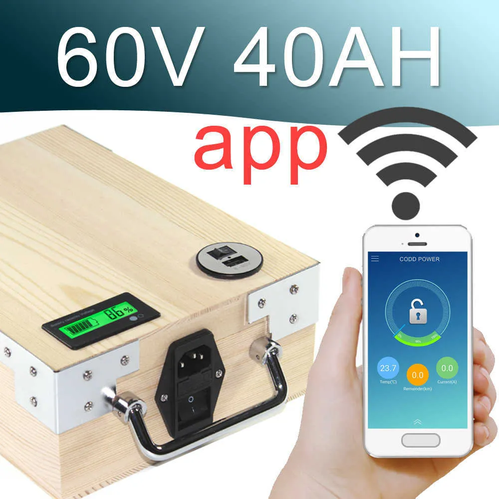 60V 40AH APP Lithium ion vélo électrique batterie téléphone contrôle USB 2.0 Port vélo électrique Scooter ebike puissance 2000W bois