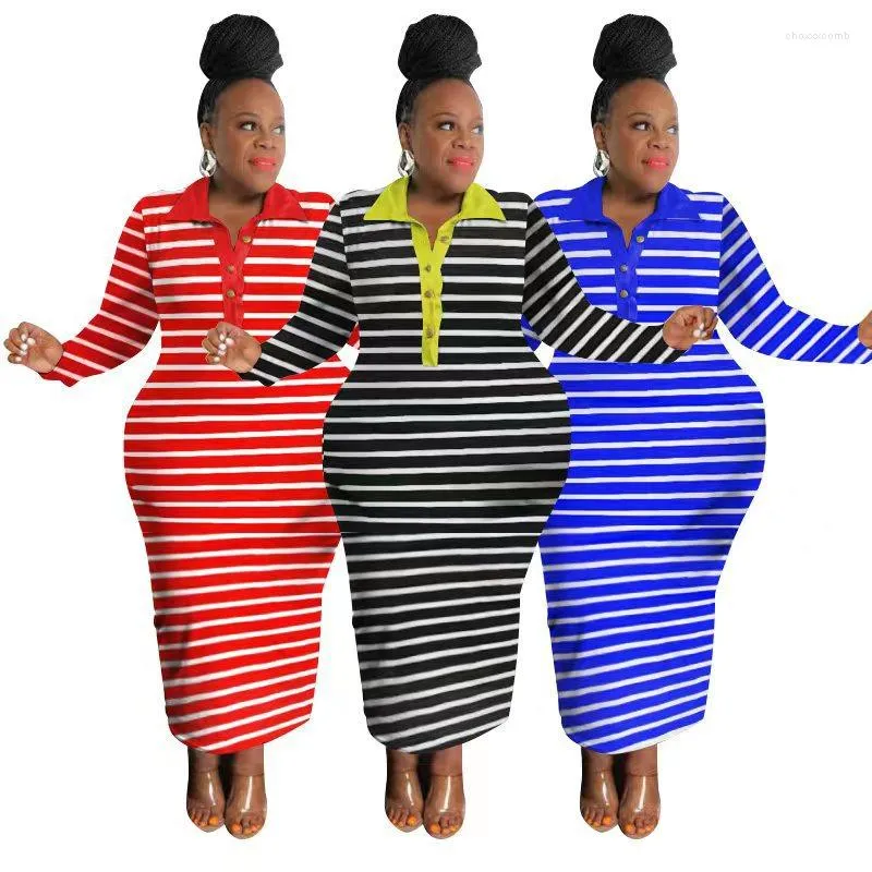 Casual Dresses Plus Size Women Fall Clothes Striped Elastic Waist Elegant Bodycon Long Maxi Shirts Dress Wholesale Drop