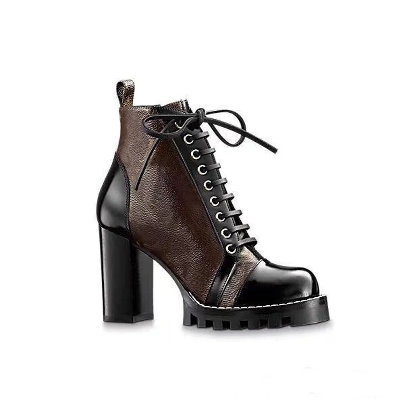 Botas de tacón alto Otoño invierno Zapatos de diseñador de mujer de tacón grueso Impreso Desert Boot carta de cremallera de cuero real Con cordones Moda dama Tacones Tamaño grande 35-41-42 Con caja