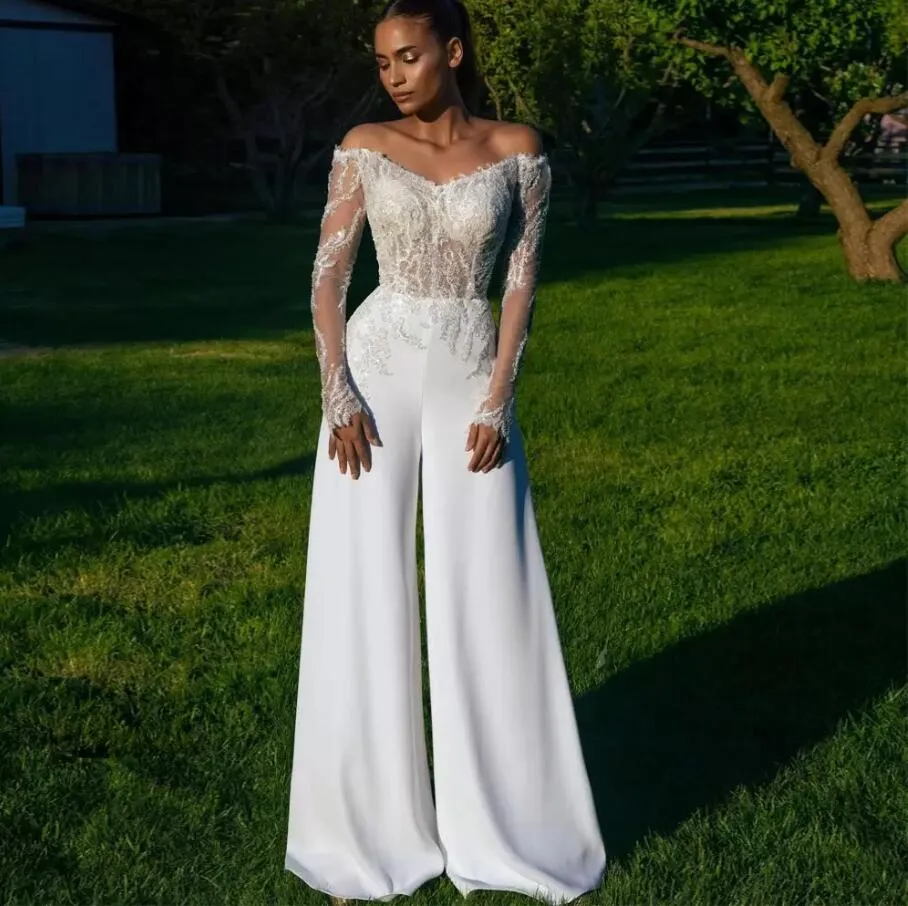 Robe De mariée trapèze en dentelle tache, tenue De plage, manches longues, épaules dénudées, avec pantalon, style Boho, 2023