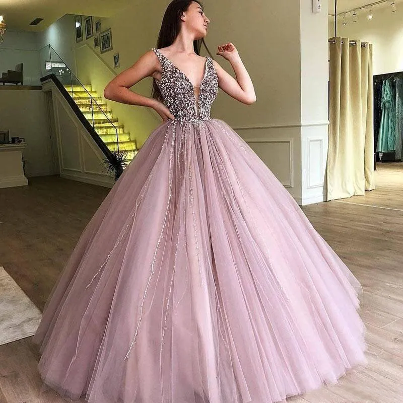 Luxury Beading Sequins Dusty Pink Ball Gown Party Dresses Deep V-Neck Puffy Long Pageant Party Gowns Prom Evening Wear