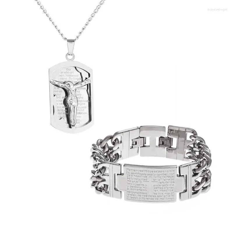 Ketting Oorbellen Set Mode Hoge Kwaliteit Roestvrij Staal Religieuze Jezus Armband Sieraden Voor Mannen Cross Bijbel Banket