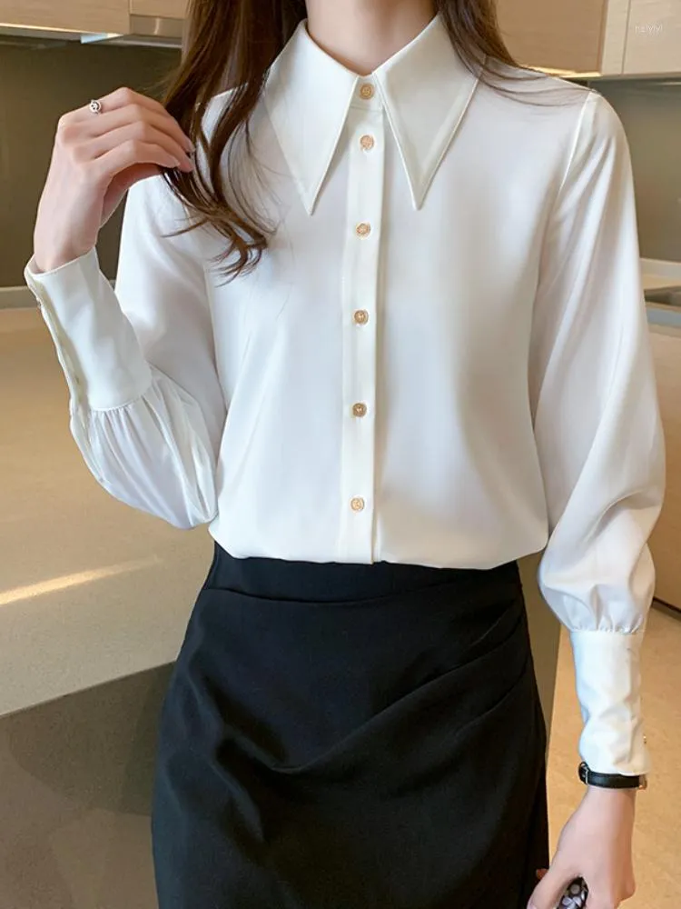 Blouses pour femmes Mode femmes chemises décontractées col polo solide en mousseline de soie haut pour femme 2022 automne à manches longues haut bouton chemisier basique femme