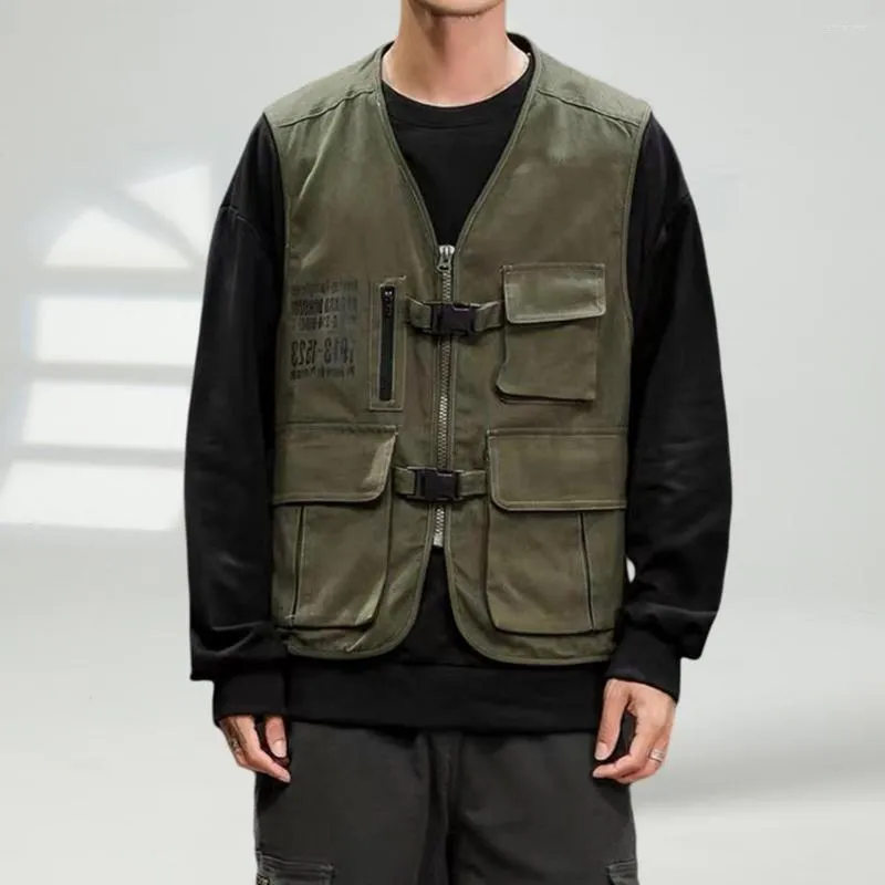 Men's Vests Men Sleeveless Cargo Vest Jacket V-Neck Solid Color Multi  Pockets Zipper Placket Buckle Closure Coat Hiking Clothing