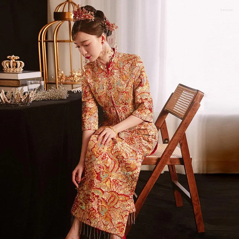 Ethnic Clothing Bride Elegant Mandarin Collar Cheongsam Chinese Style Phoenix Embroidery Wedding Dress Marriage Set Toast