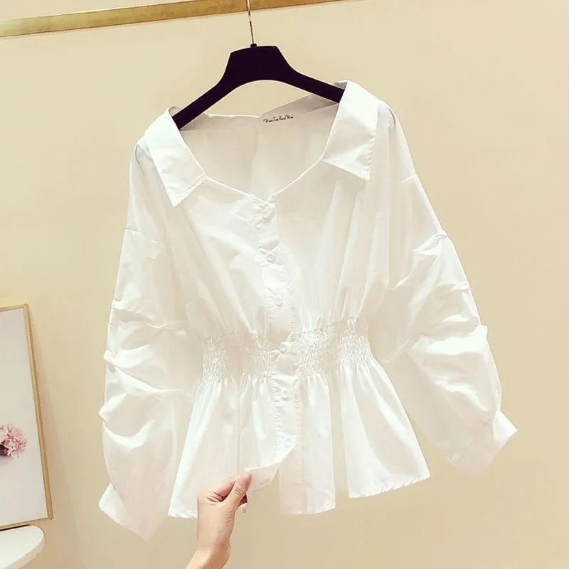 Women's Blouses & Shirts Elegant Off Shoulder Top Long Sleeve Tunic Women Button Up White Shirt Turn Down Collar Casual