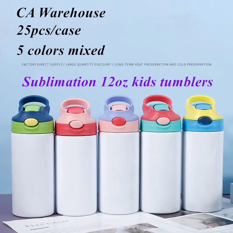 CA Warehouse Sublimation 12oz Kids Tumblers met bounce deksels Mixed 5 Colors Kids Water Flessen Roestvrij staal Sippy Cups C012