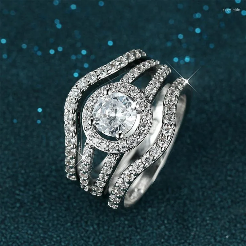 Anéis de casamento Luxo feminino branca zircão de pedra conjunto de cristal redondo birthstone Ponela boho cor de prata para mulheres