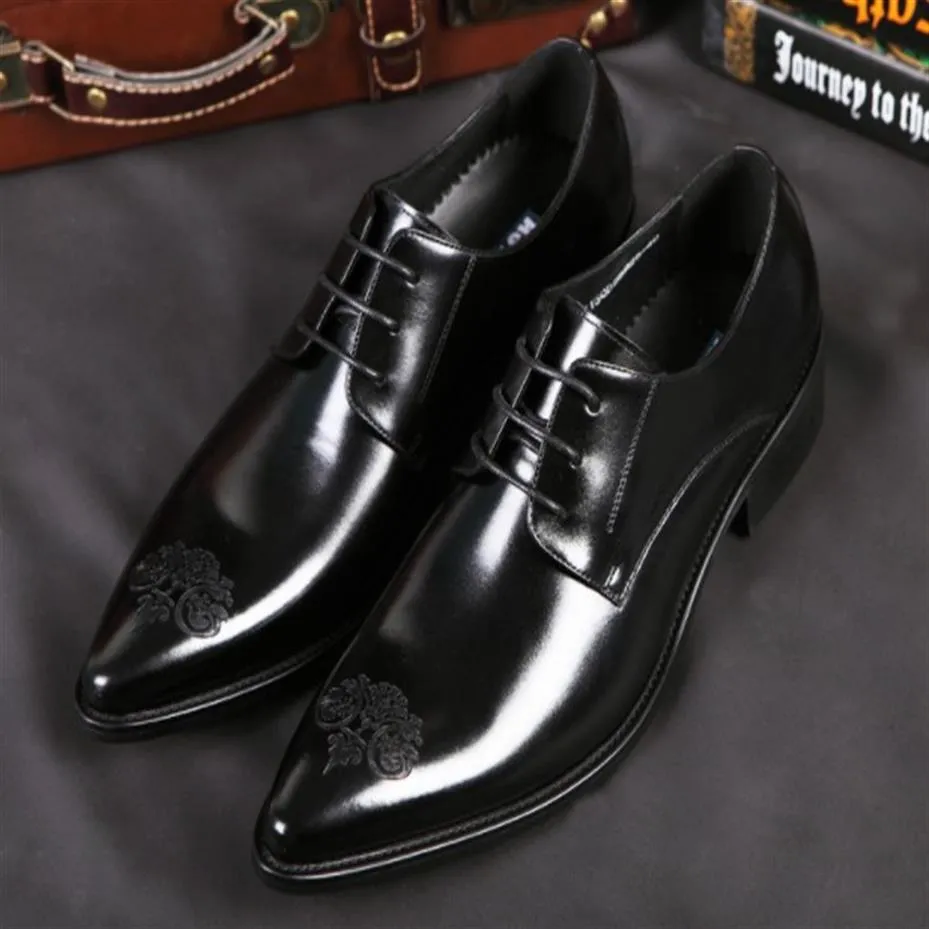 Top end Men leather dress shoes waxed cow leather printed flora pointed toe Exclusive store quality2435