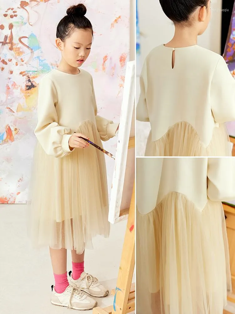 Girl Dresses AMII Kids 2022 Winter Dress For Girls 3-12y O-neck Pleated Long Sleeve Vestidos Casual Solid Children Clothing 22270035