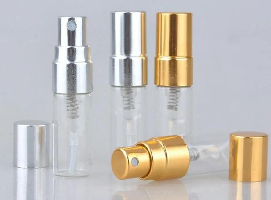 Bouteille de parfum en verre rechargeable de voyage Portable de 3ML, avec pulvérisateur UV, pompe cosmétique, atomiseur, bouchon argent, noir et or