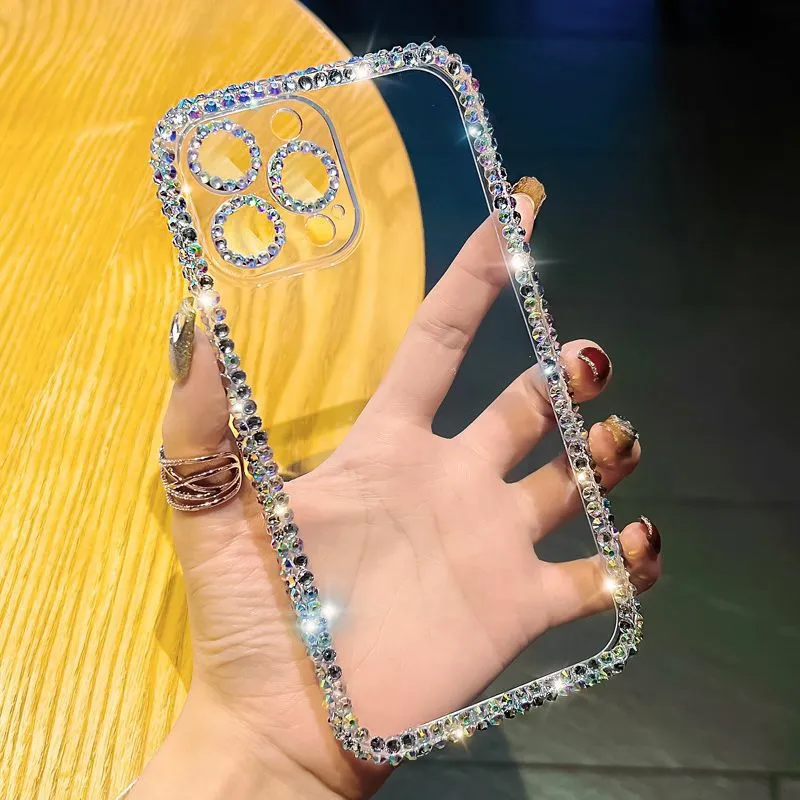 Luxur Crystal Rhinestone Soft TPU -fall för iPhone 15 14 Pro Max 13 Plus 12 11 Diamond Clear Transparent Bling Fine Hole Camera Lens Protector Lady Mobile Back Cover Clur