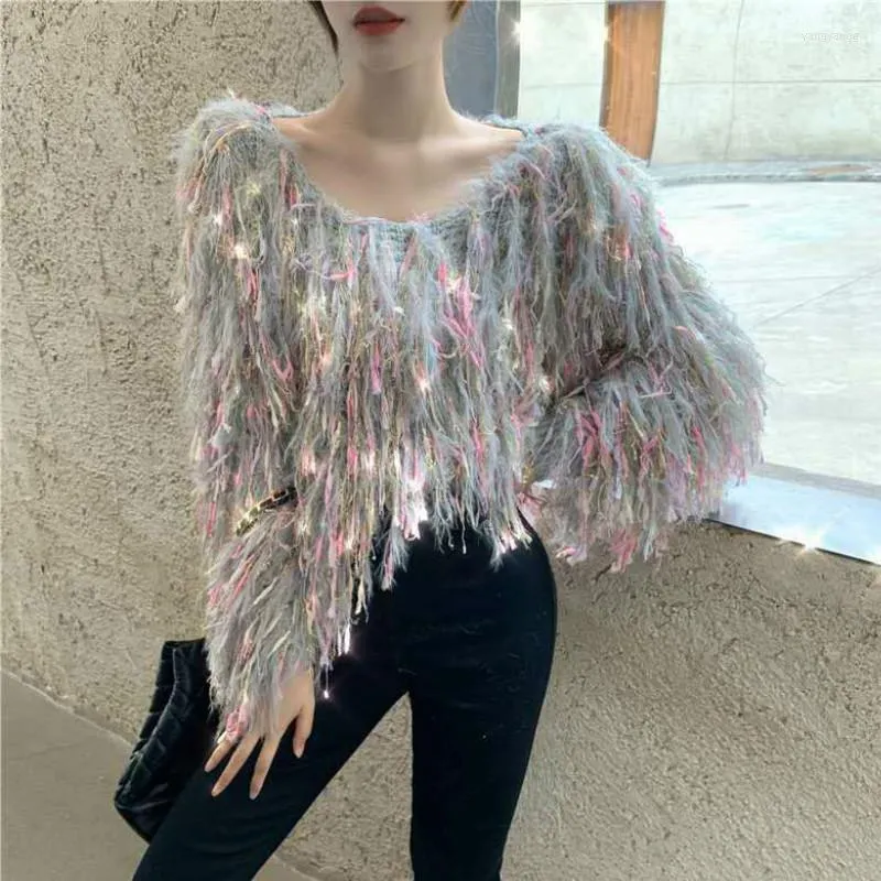 Women's Sweaters Women Knitted Tassels Sweater Fringed Pullover Bright Silk Autumn Winter O-Neck Loose Woven Faux Crocheted Crop