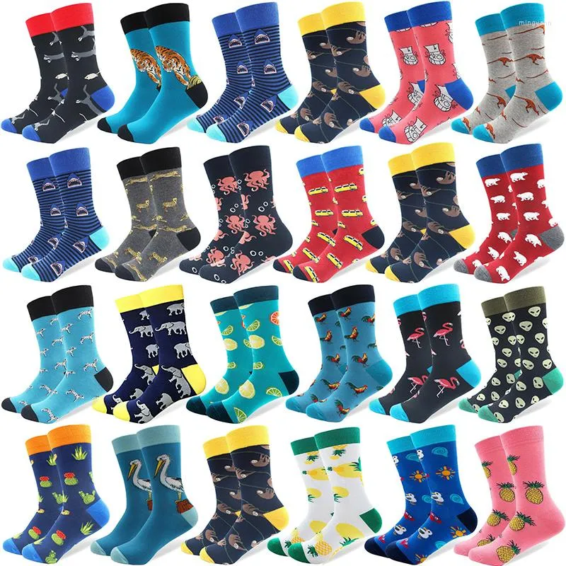 Chaussettes homme Style Harajuku hommes printemps coton peigné motif géométrique coloré décontracté nouveauté équipage Calcetines Hombre