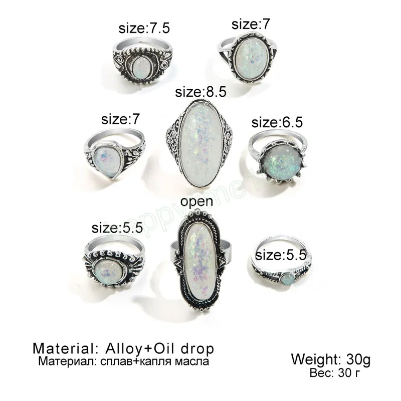 Vintage Antique Silver Color Rings Sets Colorful Opal Crystal Stone Carve for Women Men Bohemian Jewelry
