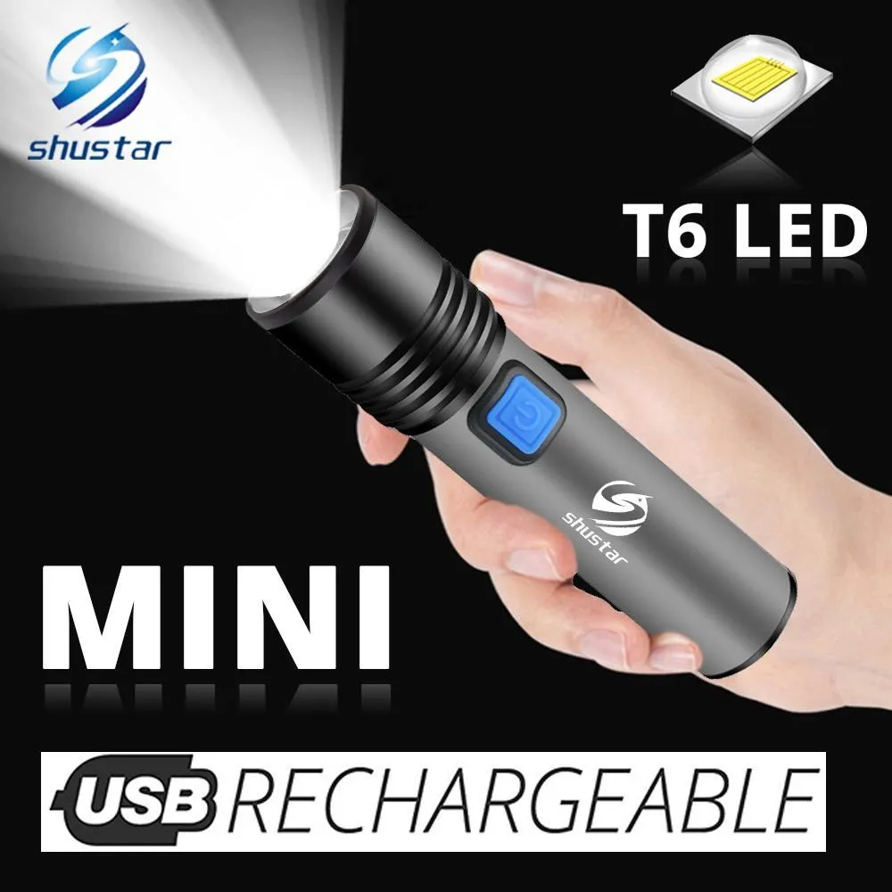 Tochas recarregáveis ​​USB lanterna LED com T6 LED embutido de 1200mAh Bateria de lítio Bateria de acampamento à prova d'água Torgilha zoomable Zoomable