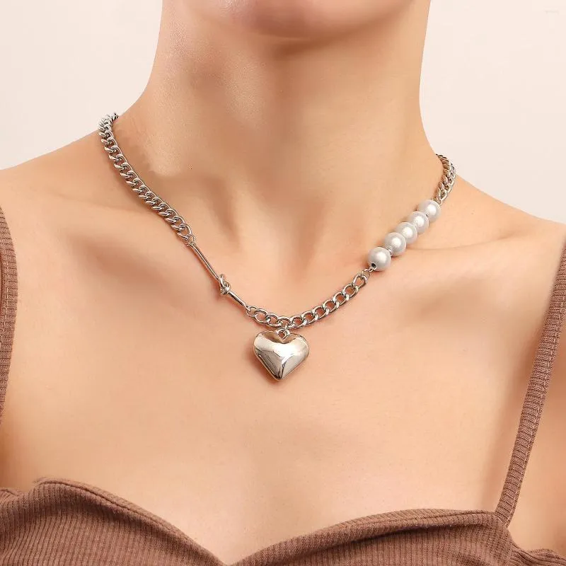 Chaînes Réfléchissant Perle Amour Couture Collier Femme Hip Hop Ins Tendance Coeur Cool Clavicule All-match Pull Chaîne Accessoires