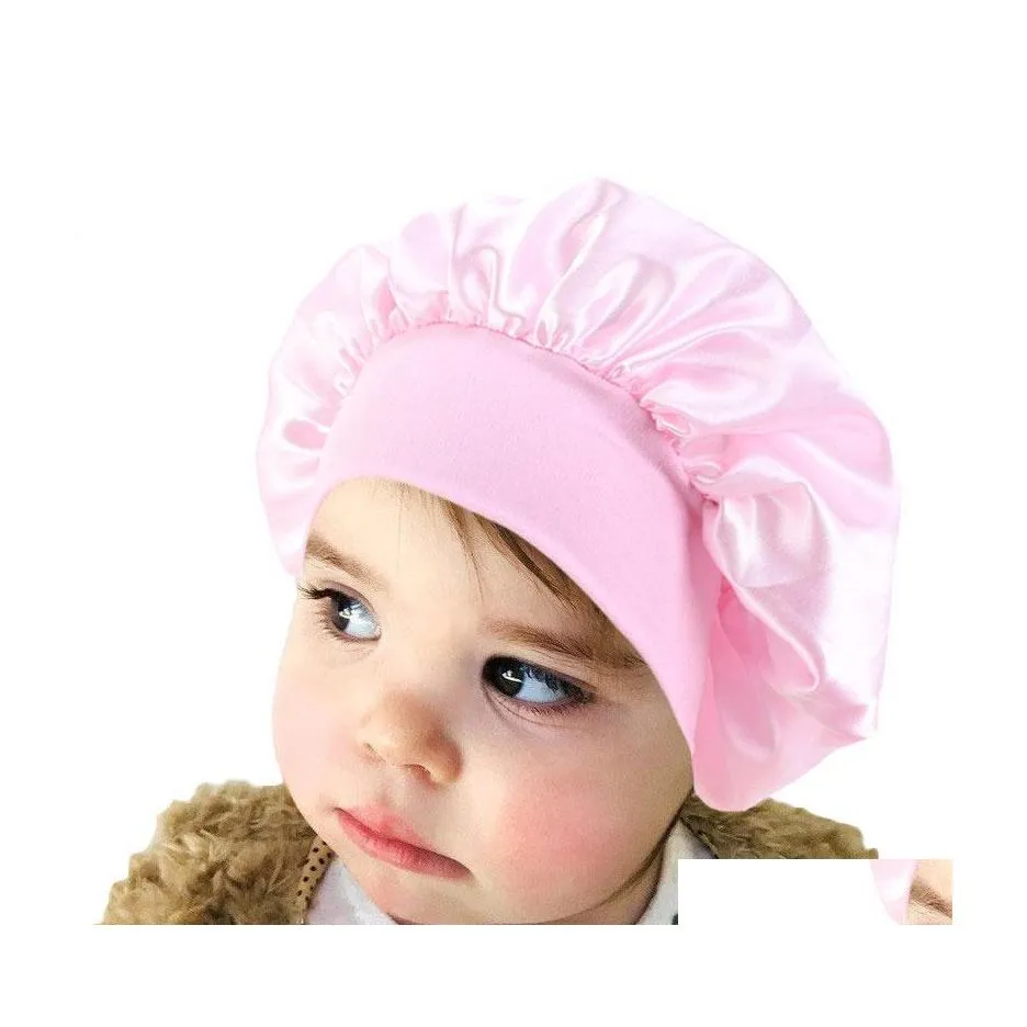 Beanie/Skull Caps Elastic Satin Night Sleep Hoed Kinderkinderen Haarverzorging Bonnet Head ER Wide Band Douche Drop levering Mode Toegang DHFYM