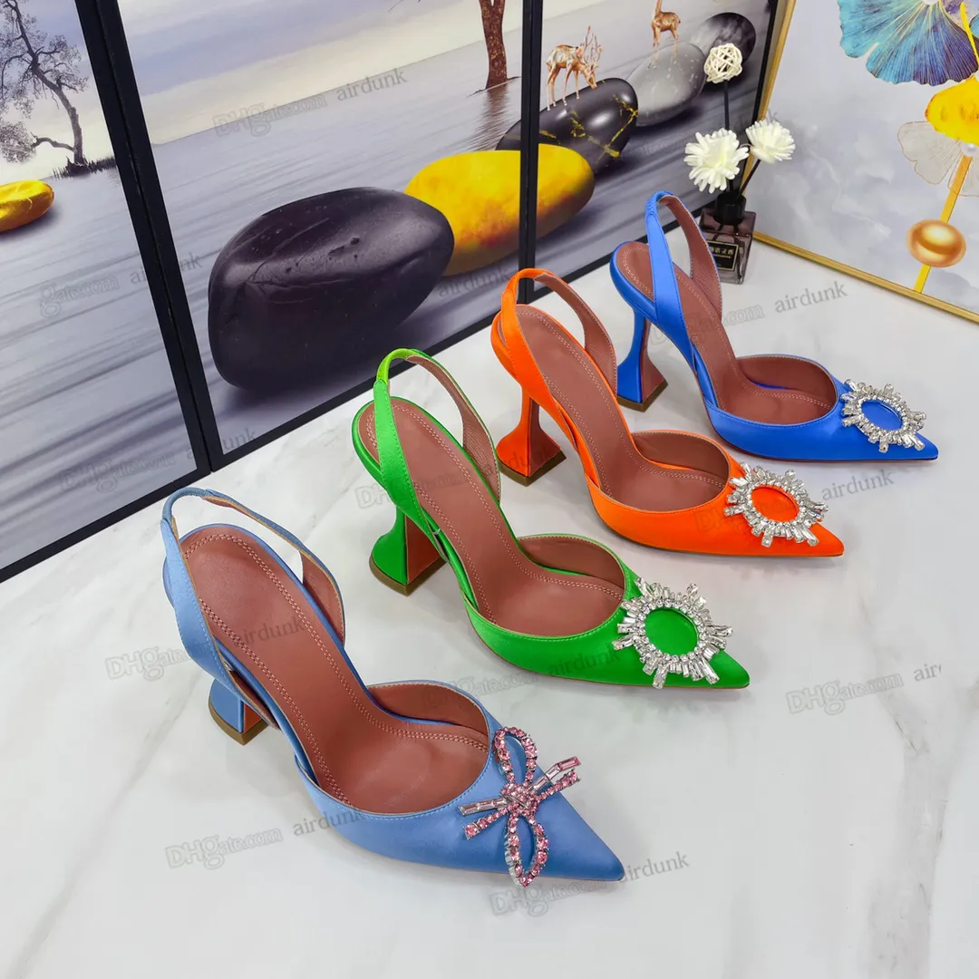 Amina Dress Shoes Sandals Satin 뾰족한 슬링 백 Bowtie 펌프 Crystal-Sunflower High Heeled Shoe Women 's Luxury Designer Party Wedding