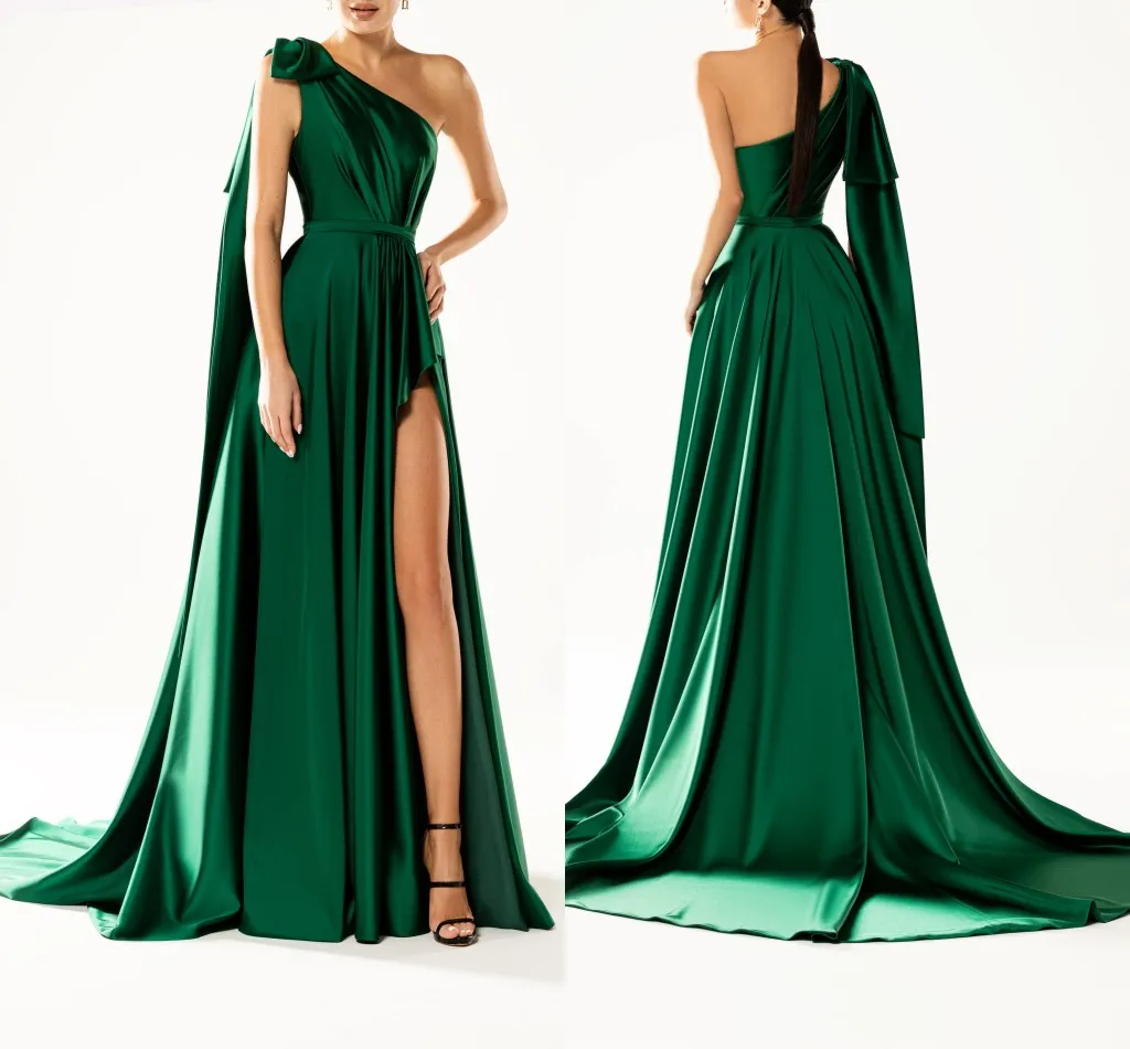 Vestidos de baile sexy verdes de esmerald longos para mulheres um ombro aberto para trás lateral alto dividido no chão vestidos de festa de festas de festas especiais vestido personalizado