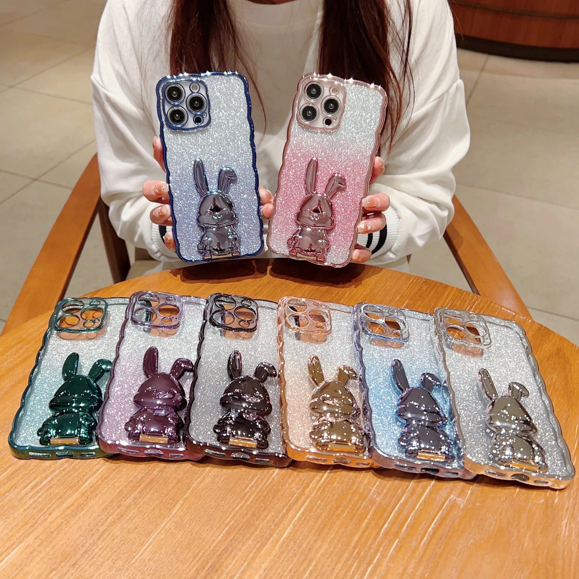 3D Rabbit Holder Plating Telefoonhoesjes voor iPhone 14 Pro Max 13 12 11 XR XS X 8 7 Plus Luxe Standstand Paper Bling Glitter Sparkle Metallic Soft TPU Lens Gradient Cover