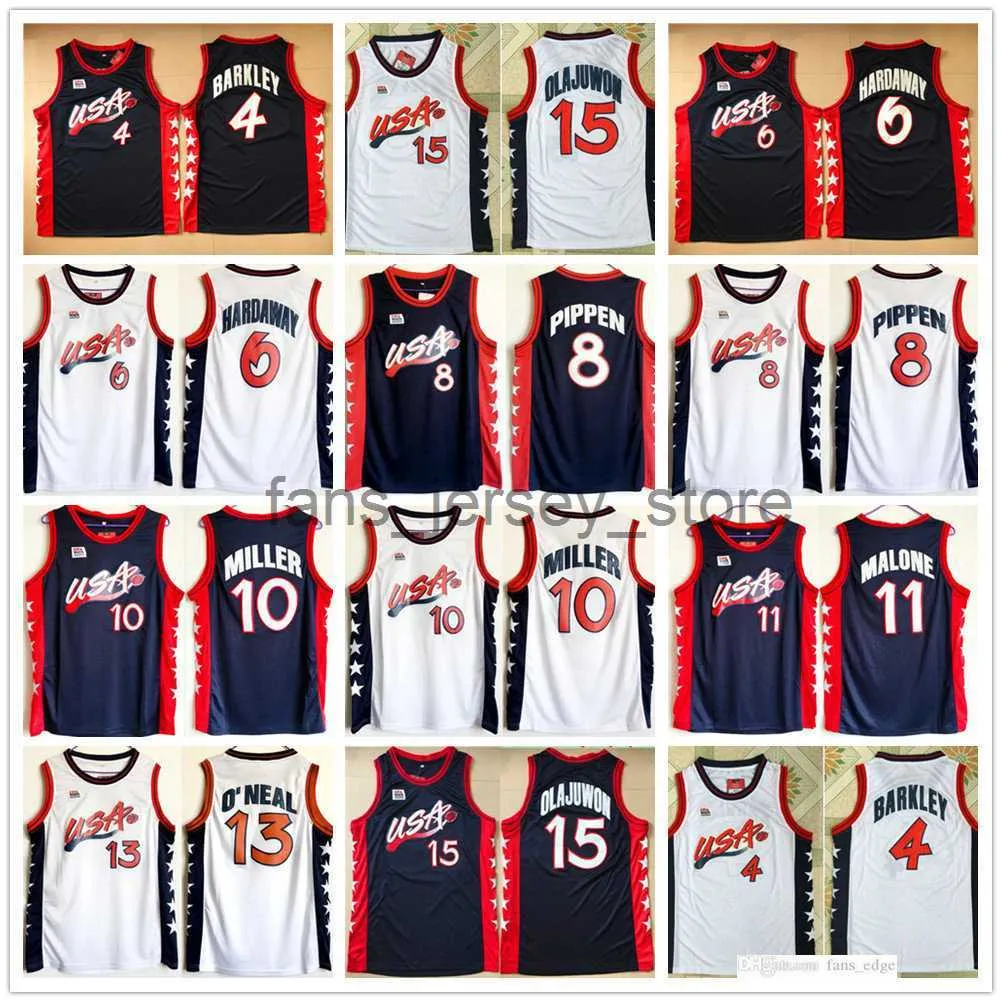 Ed 1996 ABD Dream Team Basketbol Formaları 15 Hakeem Oluwon 6 Penny Hardaway 4 Charles Barkley 10 Reggie Miller 8 Scottie Pippen 5 Grant Hill Jersey