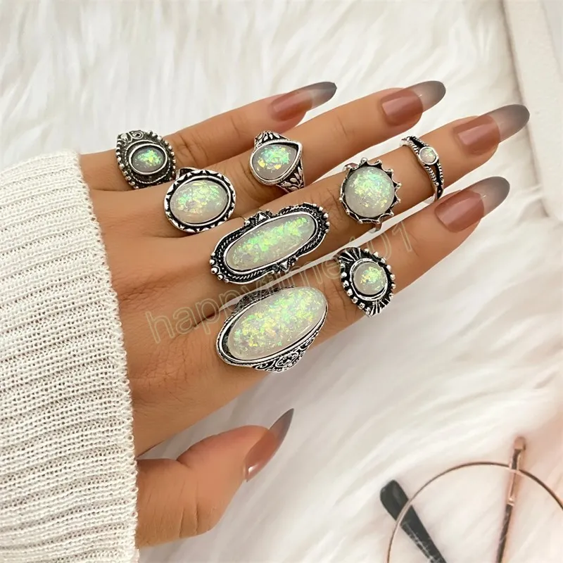 Vintage Antique Silver Color Rings Sets Colorful Opal Crystal Stone Carve for Women Men Bohemian Jewelry