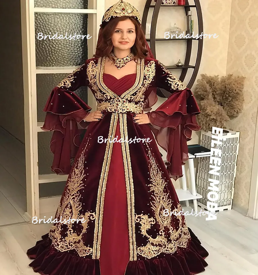 Luksus Kaftan Abaya Burgudy Marokańska suknia wieczorowa 2023 Puff Sleeve Velvet Pearl Bead koronkowy muzułmańska suknia balsamowa