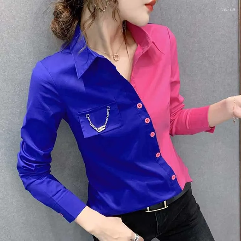 Women's Blouses Spring Fall Korean Style Patchwork Blouse Chic Office Lady Color Blocking Irregular Button Elegant Women Shirt Tops