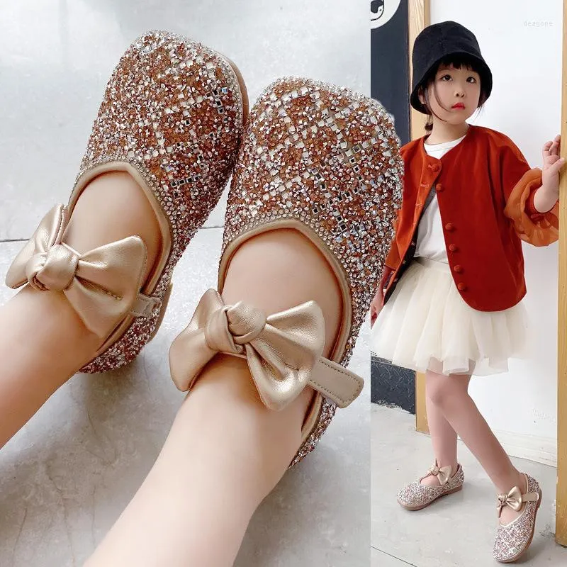 Athletic Shoes 2022 Children Leather Rhinestone Bow Shining Girls Princess Party Dance Baby Student Flats Kids Performance Shoe