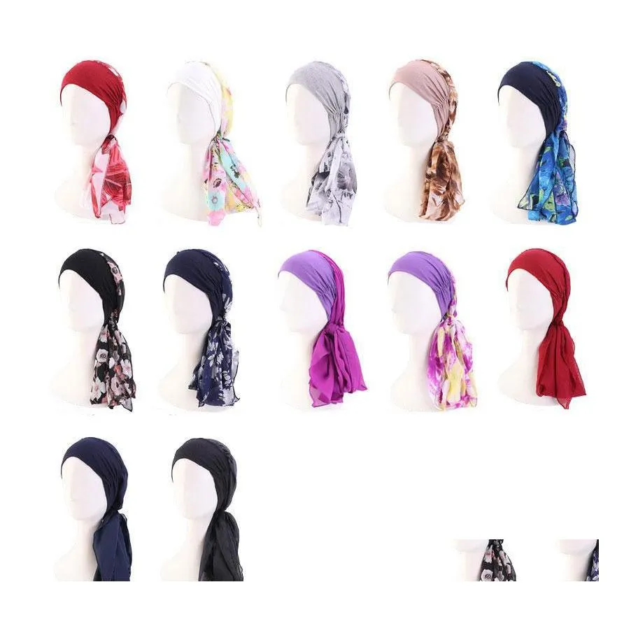 Beanie / Skull Caps Chiffon Cappello a coda lunga Beanie Mticolor Flower Print Head Wrap per le donne Ragazza Accessori moda Drop Delivery Hats Dhhj2