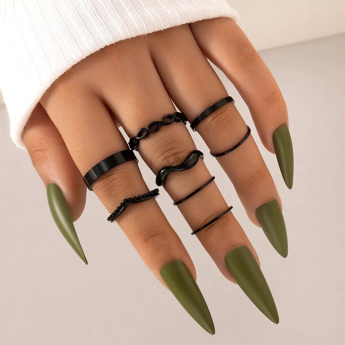 Enkel stil svart joint ring f￶r kvinnor m￤n ih￥liga v￥g geoemtry bohemian party smycken anillo 8 st/set