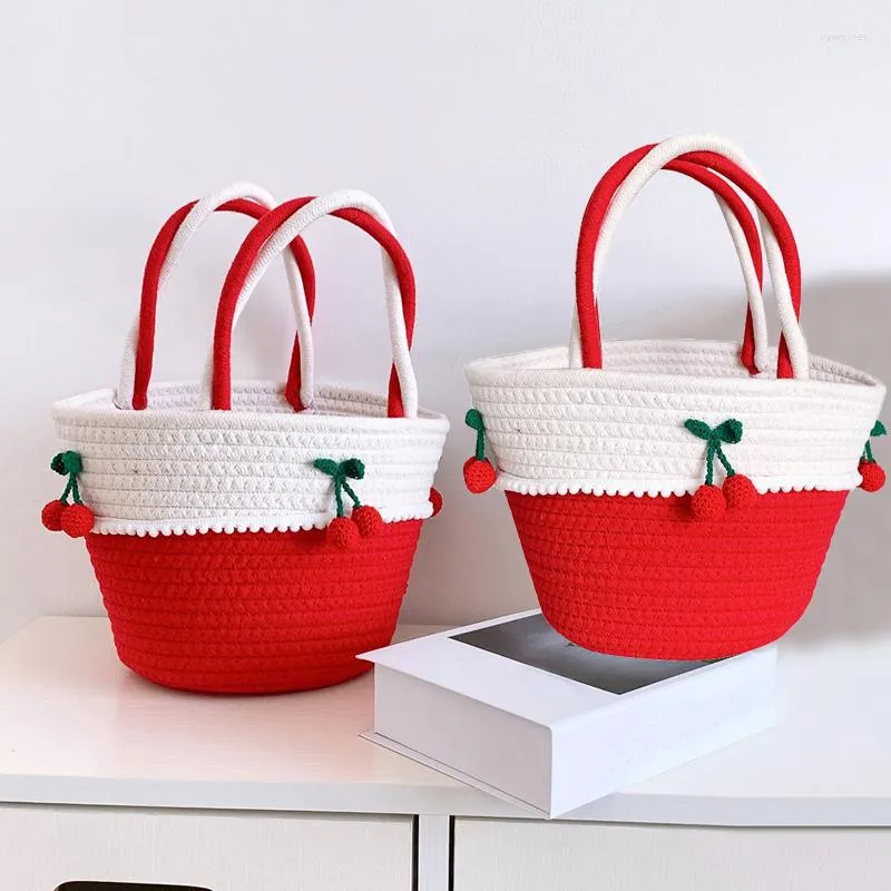 Sacs de rangement Femme Summer Sac à main à la main Fil de coton Tissé Crochet Dames Sweet Cherry Beach Seaside Holiday Totes Sac à main Sac à provisions