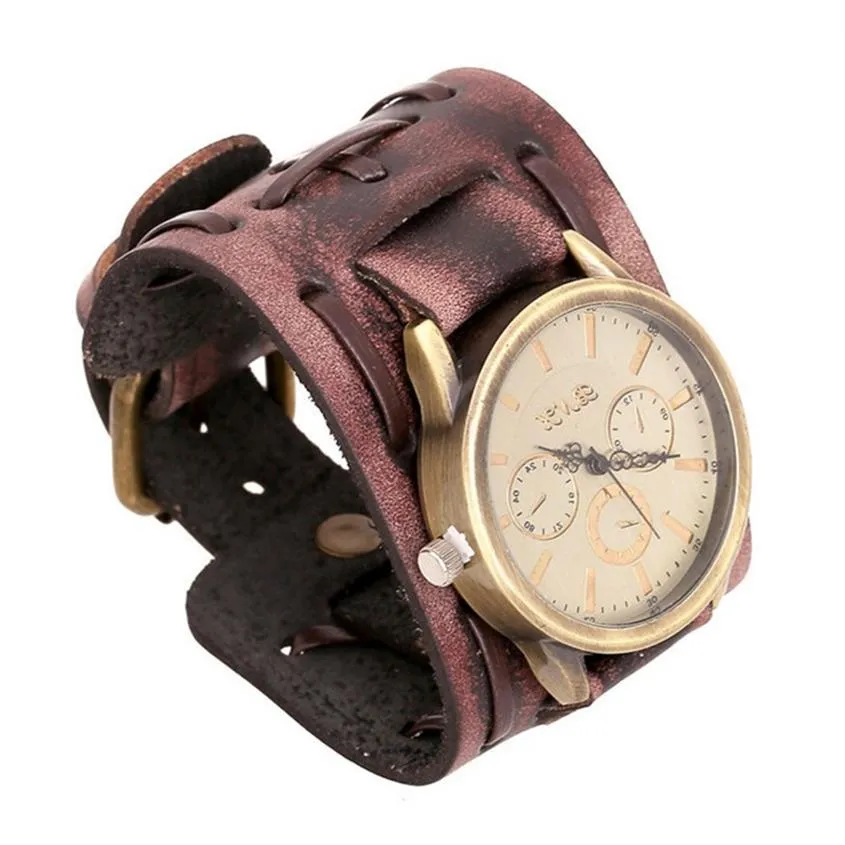 Nieuwe heren stijlvolle vintage echte lederen breedte polsbandje horloges cowhide wrap armband punk polshorloges xmas cadeaus sieraden185Z