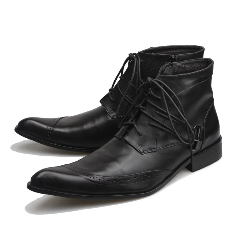 Men Leather Boots Black Autumn Winter Pointed Toe Lace-up Botas Hombre Fashion Designer's Ankle Boots Sapatos