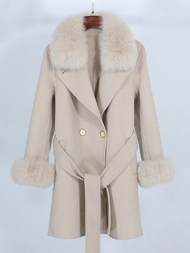 OFTBUY Giacca invernale da donna Cappotto in vera pelliccia Collo in pelliccia di volpe naturale Misto lana Capispalla moda doppio petto caldo spesso