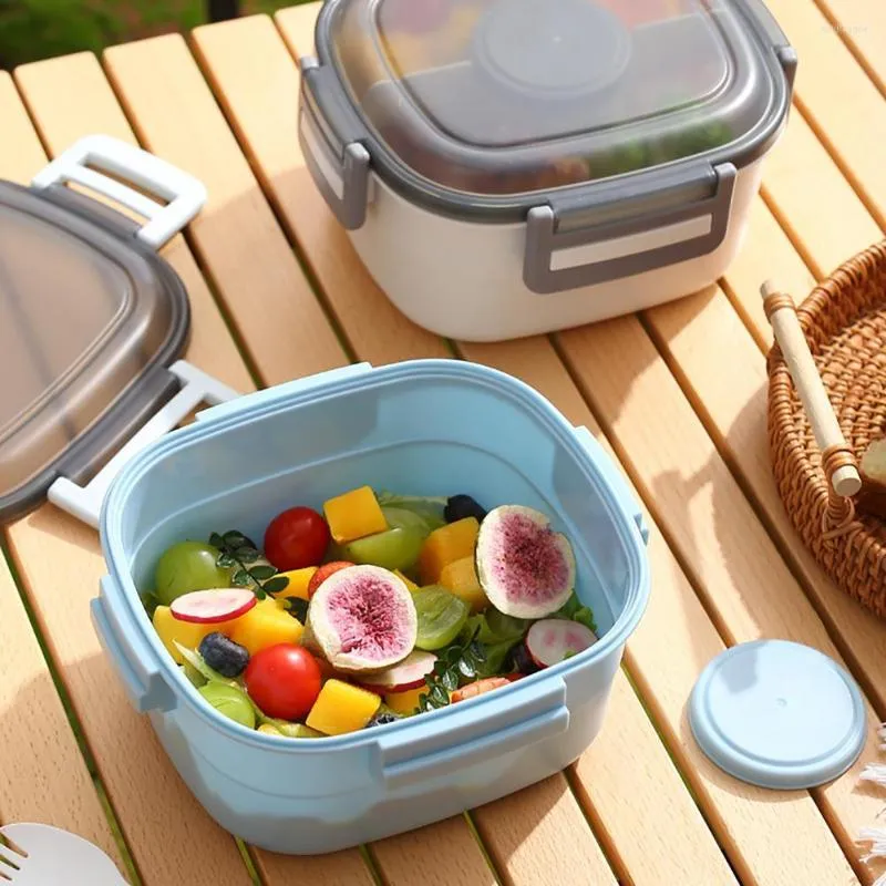 Dinnerware Sets 1 Set Practical Lunch Box Portable Container Grid Design Reusable Picnic Hiking Bento With Fork Pack Rice