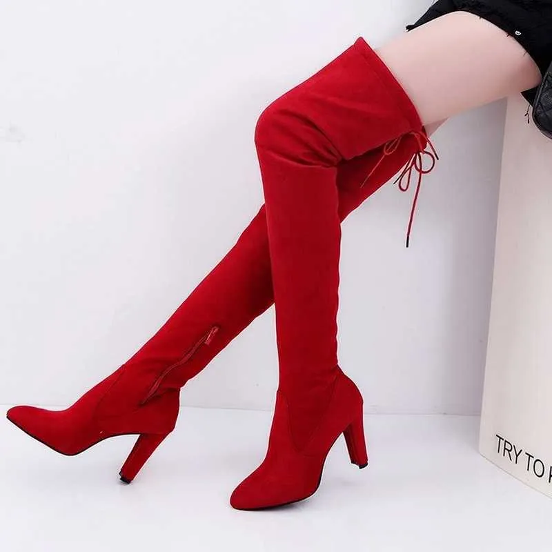 Top Boot's Winter Knie High Digh Stretch Fabric Velvet Slim Lace Up Socks Shoes Sexy Pointed Teen Warm Long Botas Mujer 221213