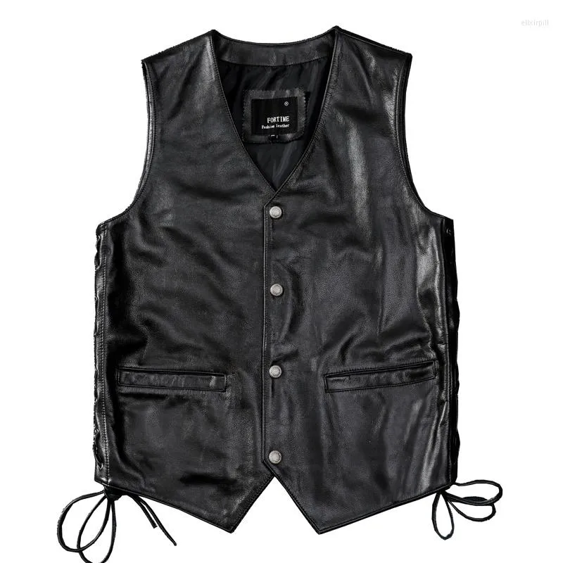 Men's Vests High Quality Mens Genuine Leather Motorcycle Vest Motor Biker Wasitcoat Black Real Cowhide Sleeveless Jacket Lace Up Slim Fit